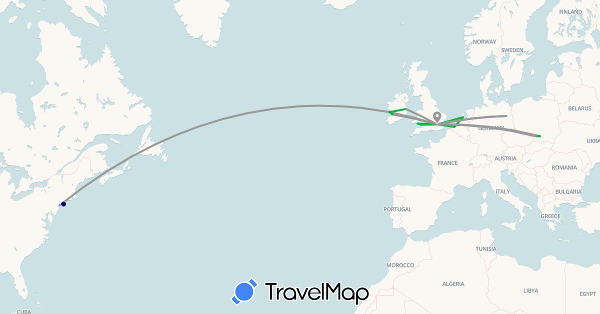 TravelMap itinerary: driving, bus, plane in Belgium, Germany, United Kingdom, Ireland, Netherlands, Poland, United States (Europe, North America)